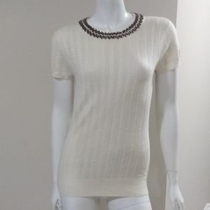 Sao Paulo 36 (S) cream see through short sleeve sweater with beaded neckline
